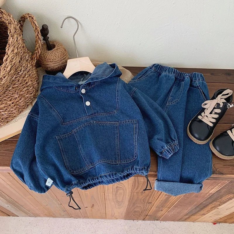 Children's clothing Spring and Autumn, boys' denim hooded sweatshirt, women's Baoyang solid color long sleeved top and pants set - PratSN