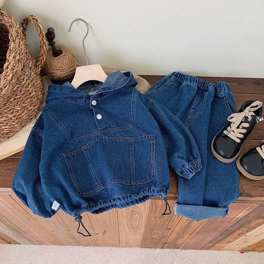 Children's clothing Spring and Autumn, boys' denim hooded sweatshirt, women's Baoyang solid color long sleeved top and pants set - PratSN