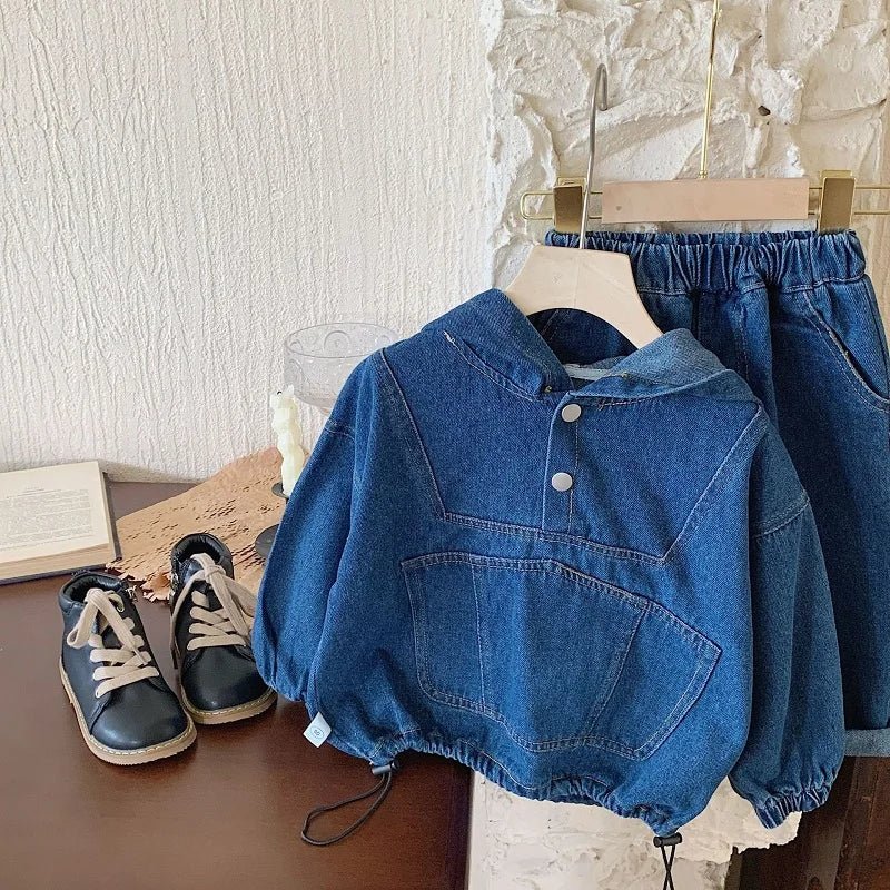 Children's clothing Spring and Autumn, boys' denim hooded sweatshirt, women's Baoyang solid color long sleeved top and pants set - PratSN