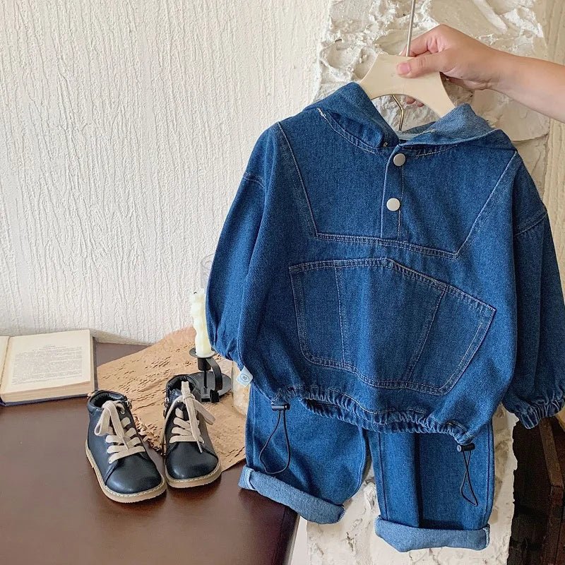 Children's clothing Spring and Autumn, boys' denim hooded sweatshirt, women's Baoyang solid color long sleeved top and pants set - PratSN