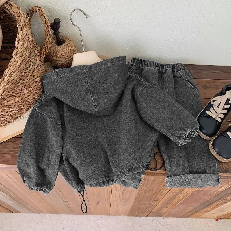 Children's clothing Spring and Autumn, boys' denim hooded sweatshirt, women's Baoyang solid color long sleeved top and pants set - PratSN