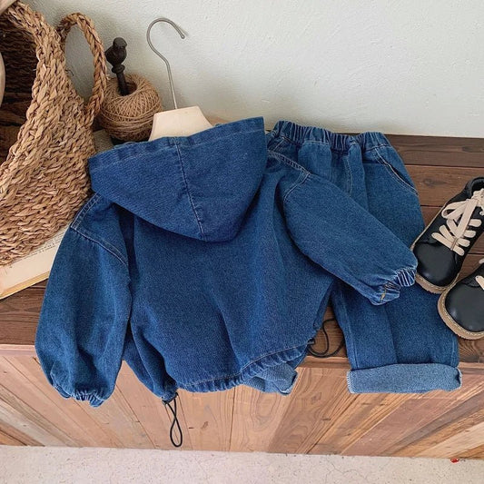 Children's clothing Spring and Autumn, boys' denim hooded sweatshirt, women's Baoyang solid color long sleeved top and pants set - PratSN