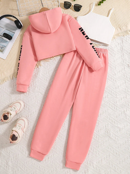 Children's clothing Spring and Autumn fashion girls' set letter printed pink hooded sweatshirt +white vest+ pink pants 3 prceset - PratSN
