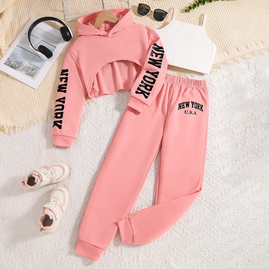 Children's clothing Spring and Autumn fashion girls' set letter printed pink hooded sweatshirt +white vest+ pink pants 3 prceset - PratSN