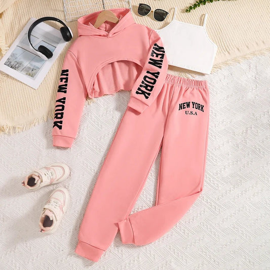 Children's clothing Spring and Autumn fashion girls' set letter printed pink hooded sweatshirt +white vest+ pink pants 3 prceset - PratSN