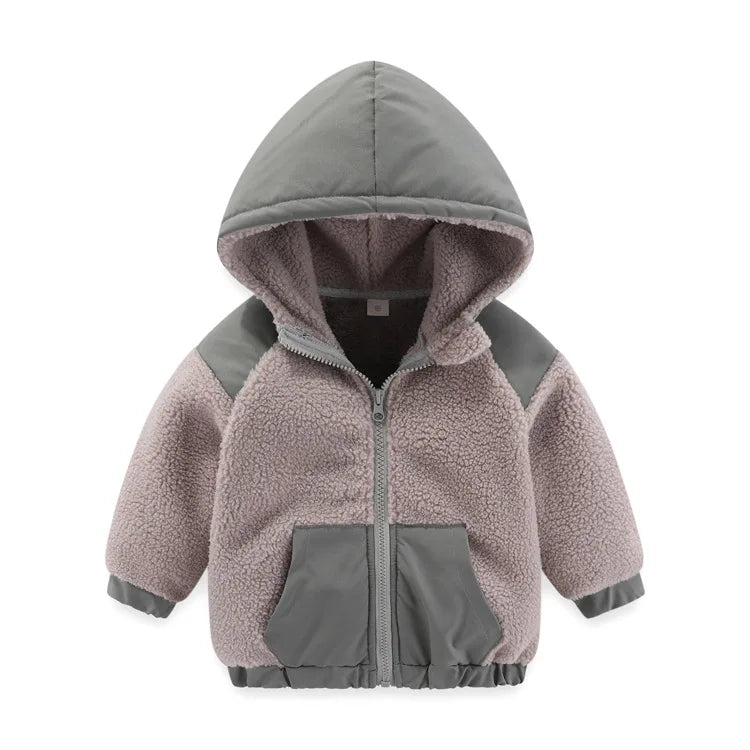 children's coat New autumn and winter thick warm cotton coat Baby hooded jacket Fashionable colorblock baby brushed jacket - PratSN