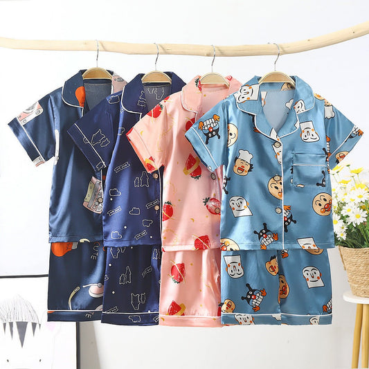 Children's Pajamas Set Cartoon Printed Silk Home Service - PratSN