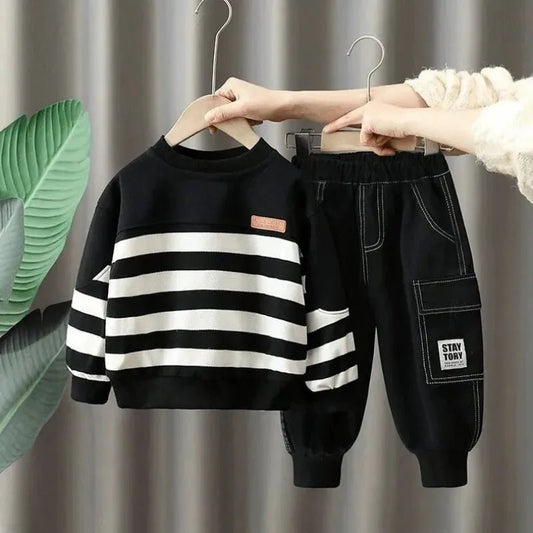 Children's Set 2025 New Boys' Autumn Casual Set Rascal Handsome Baby Striped Hoodie Pants Two Piece Set - PratSN