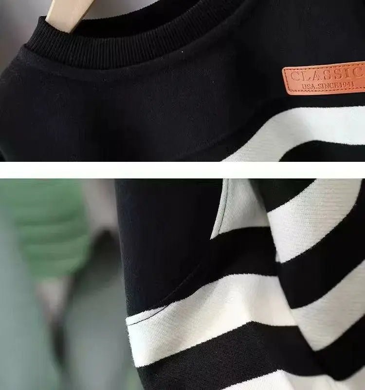 Children's Set 2025 New Boys' Autumn Casual Set Rascal Handsome Baby Striped Hoodie Pants Two Piece Set - PratSN