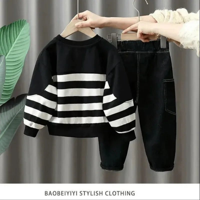 Children's Set 2025 New Boys' Autumn Casual Set Rascal Handsome Baby Striped Hoodie Pants Two Piece Set - PratSN