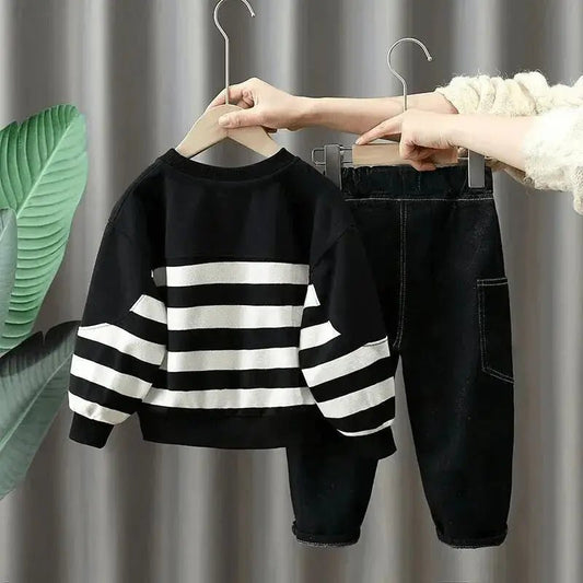 Children's Set 2025 New Boys' Autumn Casual Set Rascal Handsome Baby Striped Hoodie Pants Two Piece Set - PratSN