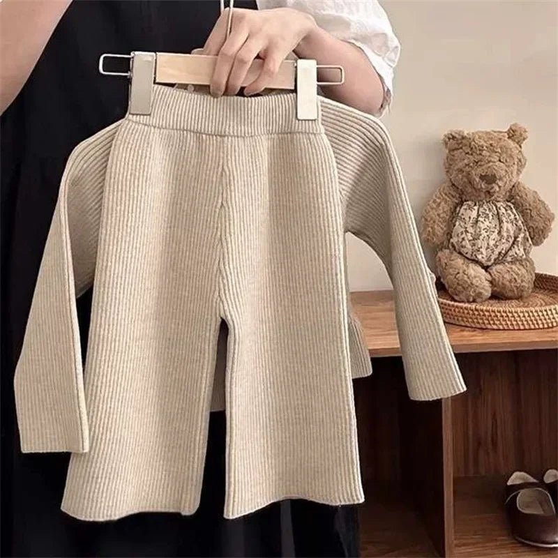 Children's Suit Spring and Autumn Fashionable Solid Color Long Sleeve Knitted Cardigan Top Pants Two Piece Set - PratSN