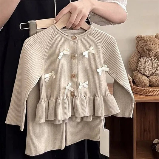 Children's Suit Spring and Autumn Fashionable Solid Color Long Sleeve Knitted Cardigan Top Pants Two Piece Set - PratSN