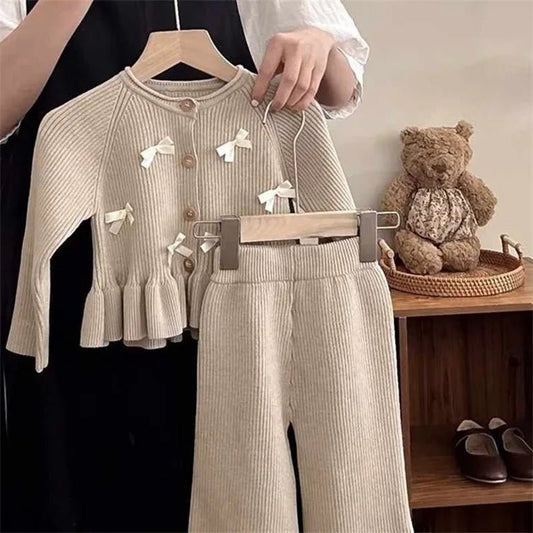 Children's Suit Spring and Autumn Fashionable Solid Color Long Sleeve Knitted Cardigan Top Pants Two Piece Set - PratSN