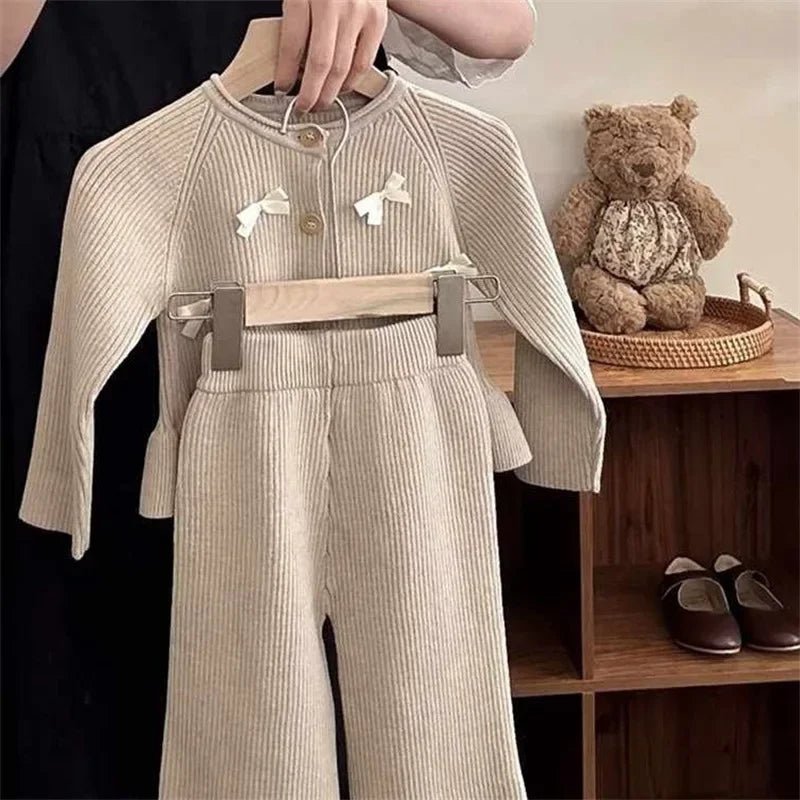 Children's Suit Spring and Autumn Fashionable Solid Color Long Sleeve Knitted Cardigan Top Pants Two Piece Set - PratSN