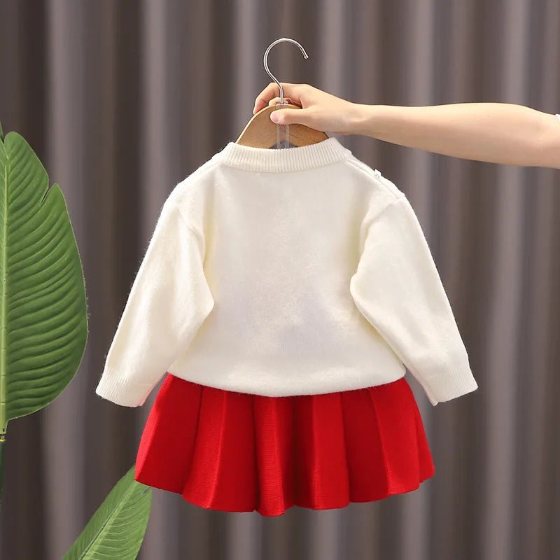 Children's Sweater Set Autumn/Winter Korean version Girls' KnittedTwo Piece Set with Polo Collar Cardigan Love Top pleated skirt - PratSN