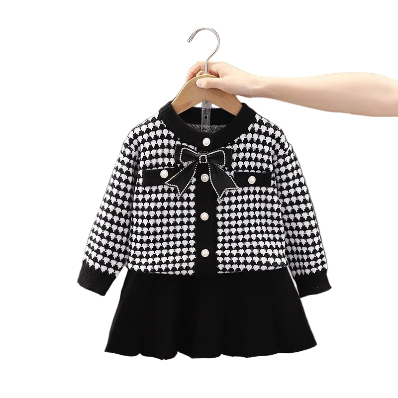 Children's Sweater Set Autumn/Winter Korean version Girls' KnittedTwo Piece Set with Polo Collar Cardigan Love Top pleated skirt - PratSN