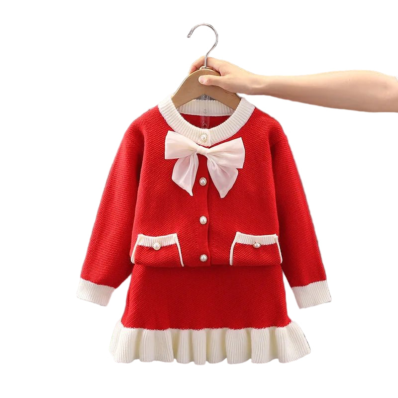 Children's Sweater Set Autumn/Winter Korean version Girls' KnittedTwo Piece Set with Polo Collar Cardigan Love Top pleated skirt - PratSN