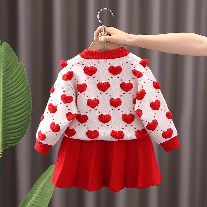Children's Sweater Set Autumn/Winter Korean version Girls' KnittedTwo Piece Set with Polo Collar Cardigan Love Top pleated skirt - PratSN