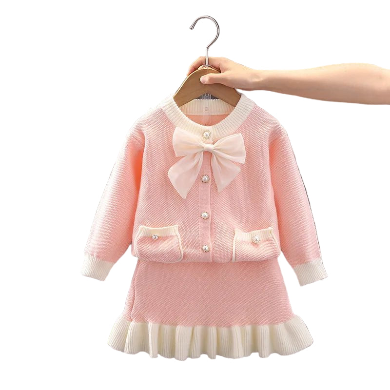 Children's Sweater Set Autumn/Winter Korean version Girls' KnittedTwo Piece Set with Polo Collar Cardigan Love Top pleated skirt - PratSN