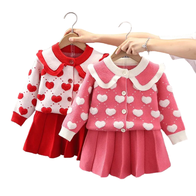 Children's Sweater Set Autumn/Winter Korean version Girls' KnittedTwo Piece Set with Polo Collar Cardigan Love Top pleated skirt - PratSN