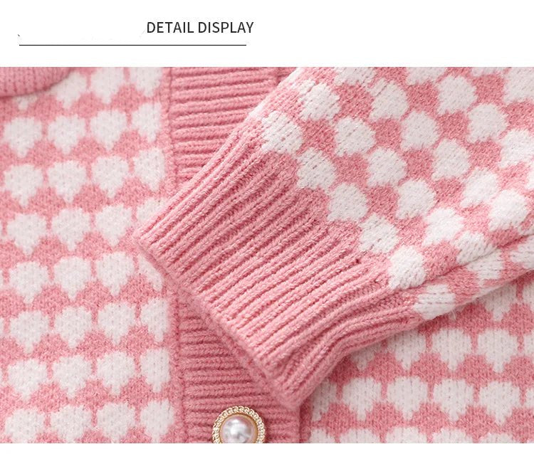 Children's Sweater Set Autumn/Winter Korean version Girls' KnittedTwo Piece Set with Polo Collar Cardigan Love Top pleated skirt - PratSN