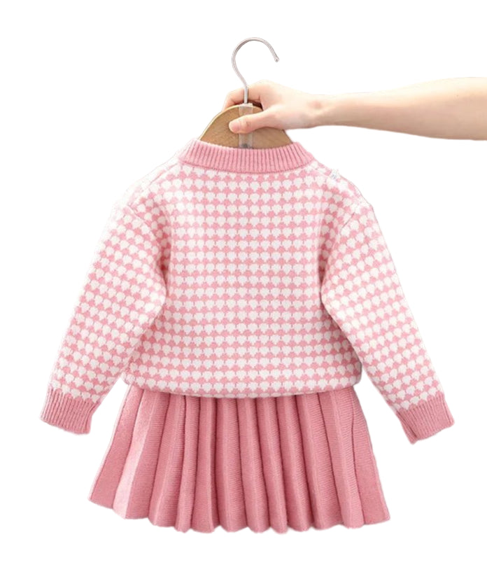 Children's Sweater Set Autumn/Winter Korean version Girls' KnittedTwo Piece Set with Polo Collar Cardigan Love Top pleated skirt - PratSN