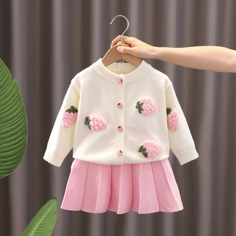 Children's Sweater Set Autumn/Winter Korean version Girls' KnittedTwo Piece Set with Polo Collar Cardigan Love Top pleated skirt - PratSN