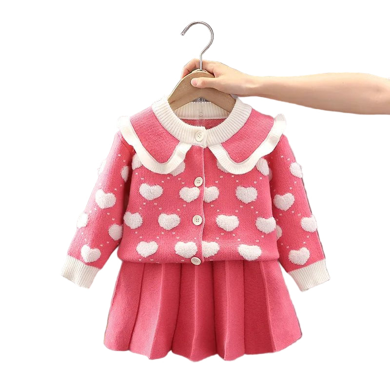 Children's Sweater Set Autumn/Winter Korean version Girls' KnittedTwo Piece Set with Polo Collar Cardigan Love Top pleated skirt - PratSN