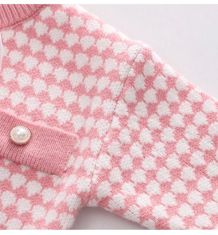 Children's Sweater Set Autumn/Winter Korean version Girls' KnittedTwo Piece Set with Polo Collar Cardigan Love Top pleated skirt - PratSN