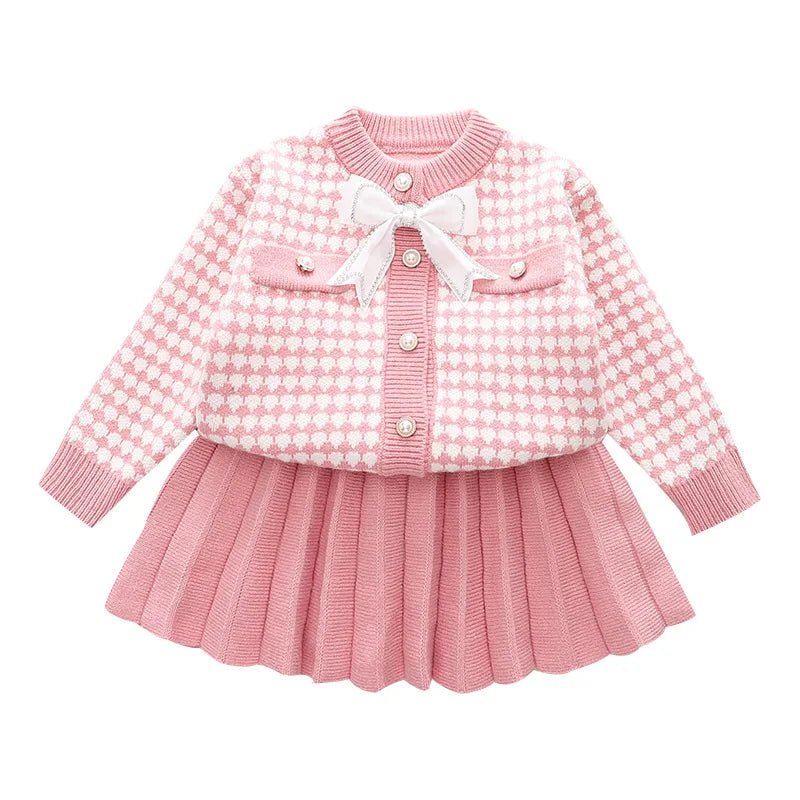 Children's Sweater Set Autumn/Winter Korean version Girls' KnittedTwo Piece Set with Polo Collar Cardigan Love Top pleated skirt - PratSN