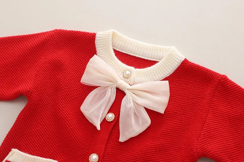 Children's Sweater Set Autumn/Winter Korean version Girls' KnittedTwo Piece Set with Polo Collar Cardigan Love Top pleated skirt - PratSN