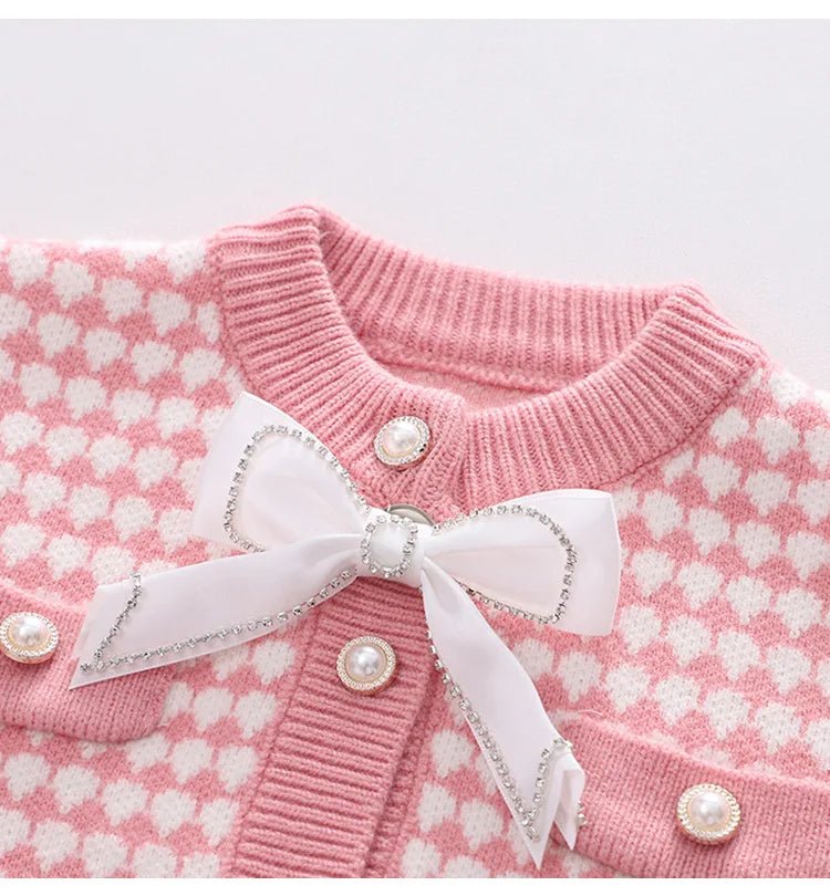 Children's Sweater Set Autumn/Winter Korean version Girls' KnittedTwo Piece Set with Polo Collar Cardigan Love Top pleated skirt - PratSN