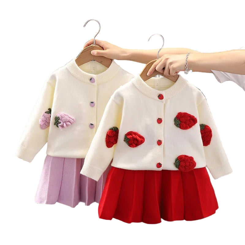 Children's Sweater Set Autumn/Winter Korean version Girls' KnittedTwo Piece Set with Polo Collar Cardigan Love Top pleated skirt - PratSN