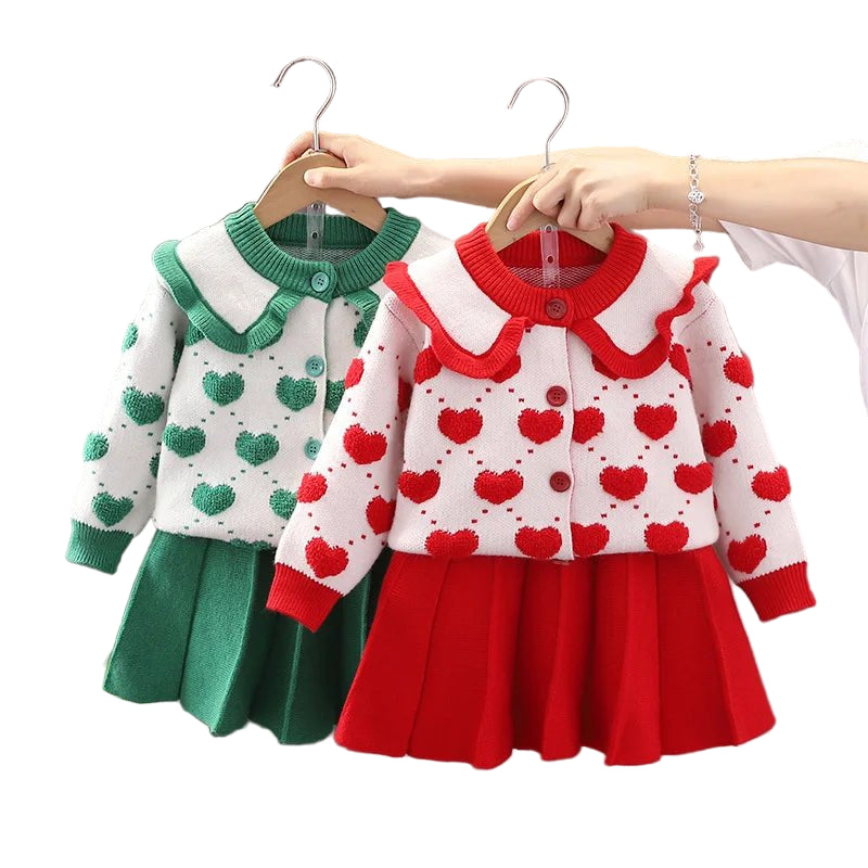 Children's Sweater Set Autumn/Winter Korean version Girls' KnittedTwo Piece Set with Polo Collar Cardigan Love Top pleated skirt - PratSN