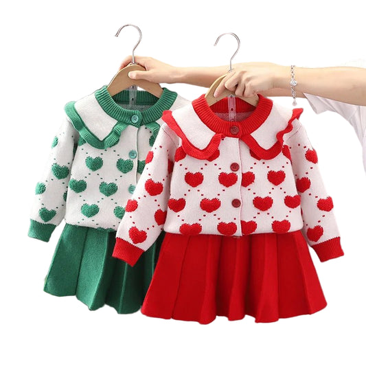 Children's Sweater Set Autumn/Winter Korean version Girls' KnittedTwo Piece Set with Polo Collar Cardigan Love Top pleated skirt - PratSN