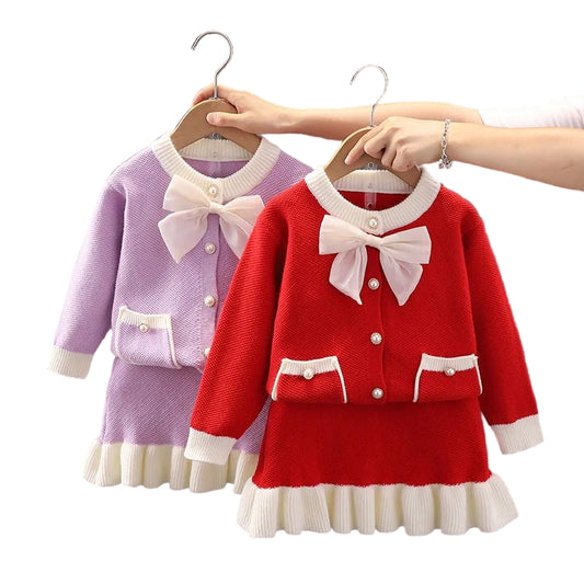 Children's Sweater Set Autumn/Winter Korean version Girls' KnittedTwo Piece Set with Polo Collar Cardigan Love Top pleated skirt - PratSN