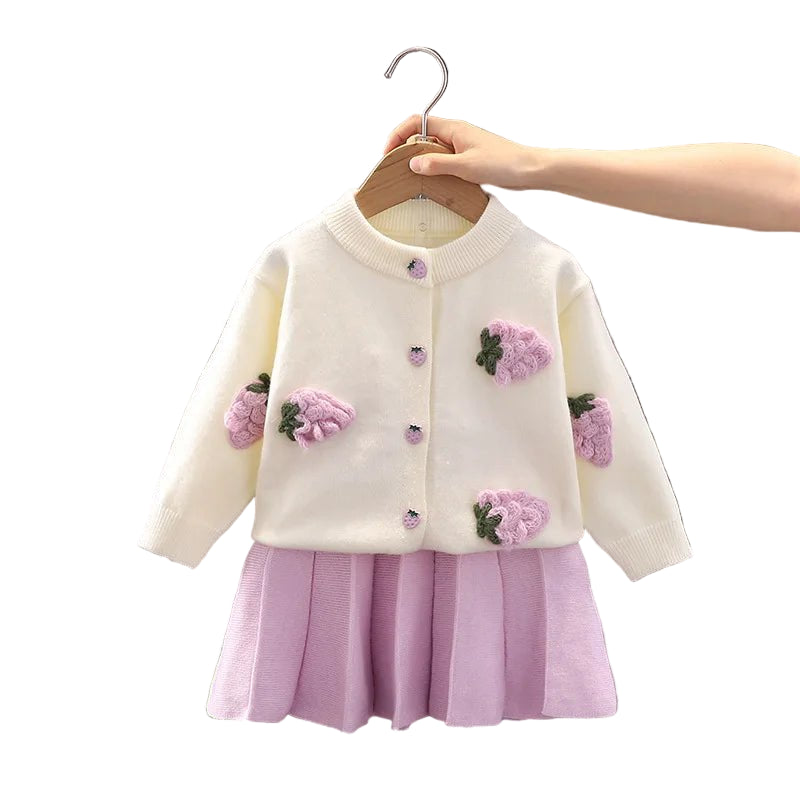 Children's Sweater Set Autumn/Winter Korean version Girls' KnittedTwo Piece Set with Polo Collar Cardigan Love Top pleated skirt - PratSN