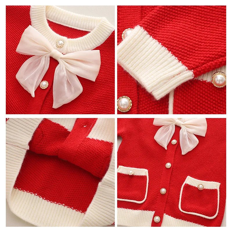 Children's Sweater Set Autumn/Winter Korean version Girls' KnittedTwo Piece Set with Polo Collar Cardigan Love Top pleated skirt - PratSN