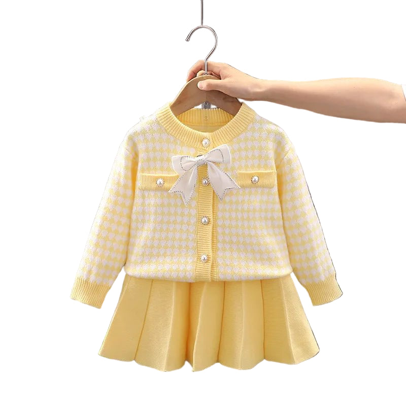 Children's Sweater Set Autumn/Winter Korean version Girls' KnittedTwo Piece Set with Polo Collar Cardigan Love Top pleated skirt - PratSN