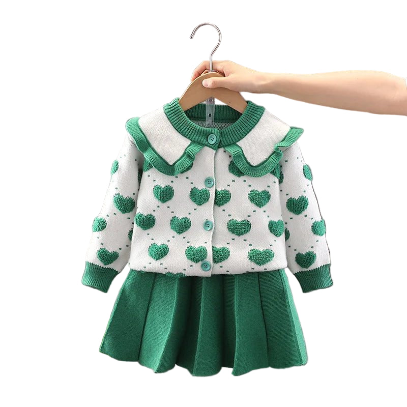 Children's Sweater Set Autumn/Winter Korean version Girls' KnittedTwo Piece Set with Polo Collar Cardigan Love Top pleated skirt - PratSN