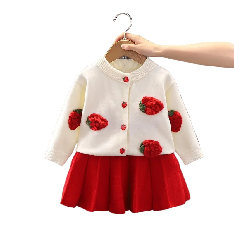 Children's Sweater Set Autumn/Winter Korean version Girls' KnittedTwo Piece Set with Polo Collar Cardigan Love Top pleated skirt - PratSN