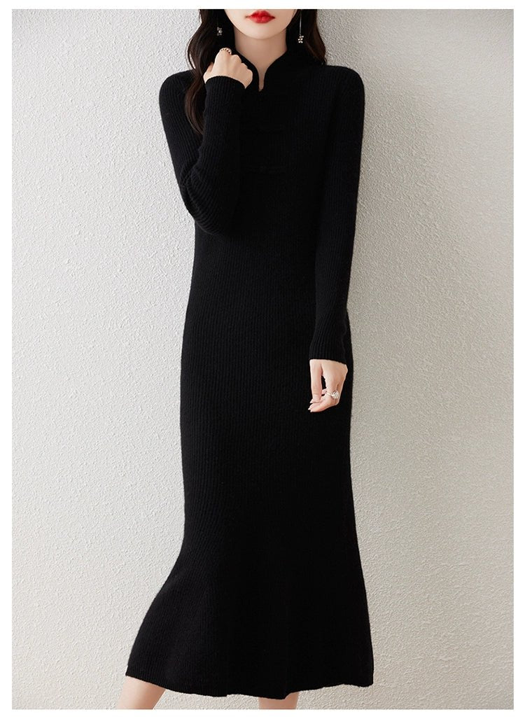 Chinese Style Stand - up Collar Frog Button Pure Wool Knit Dress Women's Fall and Winter Strip Silm Slimming Long Mermaid Dress Cheongsam - PratSN