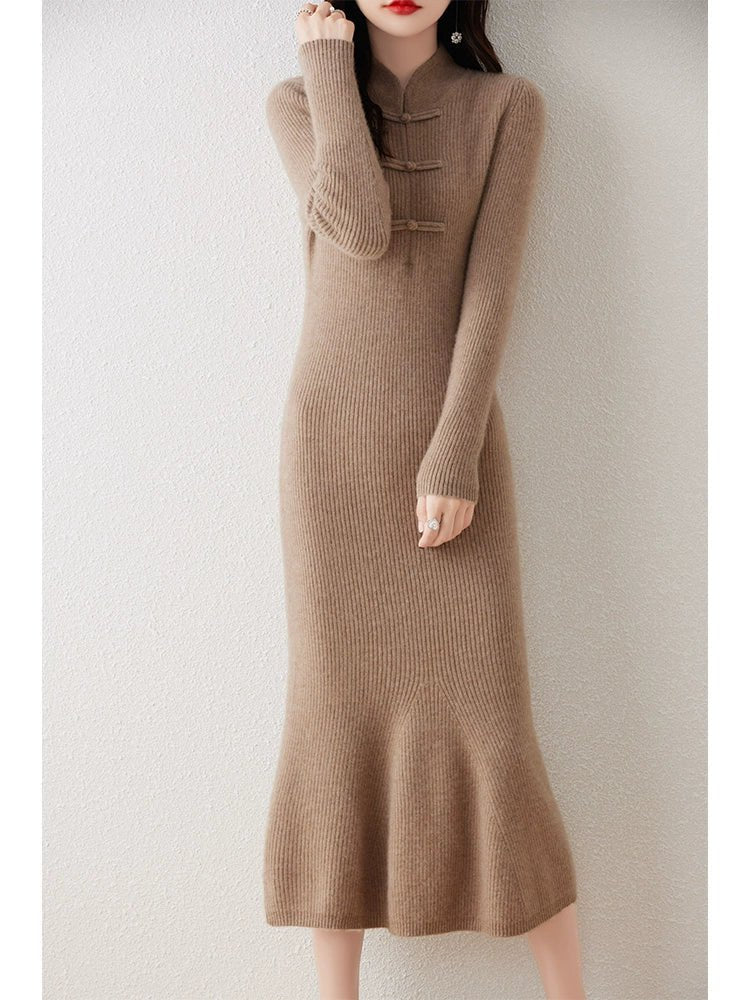 Chinese Style Stand - up Collar Frog Button Pure Wool Knit Dress Women's Fall and Winter Strip Silm Slimming Long Mermaid Dress Cheongsam - PratSN