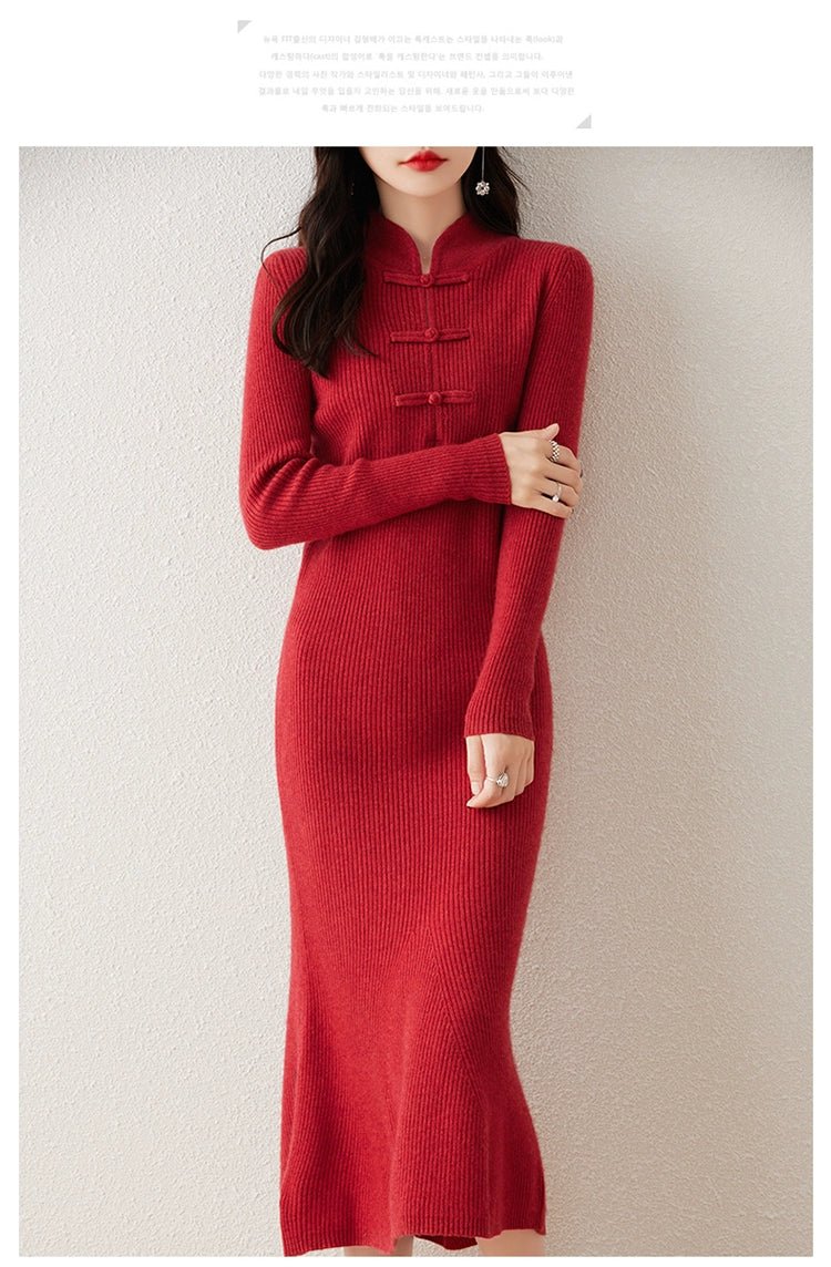 Chinese Style Stand - up Collar Frog Button Pure Wool Knit Dress Women's Fall and Winter Strip Silm Slimming Long Mermaid Dress Cheongsam - PratSN