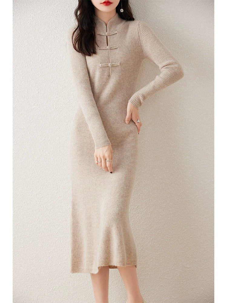 Chinese Style Stand - up Collar Frog Button Pure Wool Knit Dress Women's Fall and Winter Strip Silm Slimming Long Mermaid Dress Cheongsam - PratSN