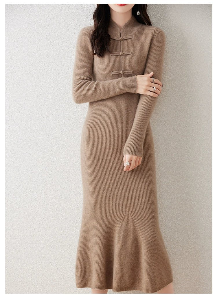 Chinese Style Stand - up Collar Frog Button Pure Wool Knit Dress Women's Fall and Winter Strip Silm Slimming Long Mermaid Dress Cheongsam - PratSN
