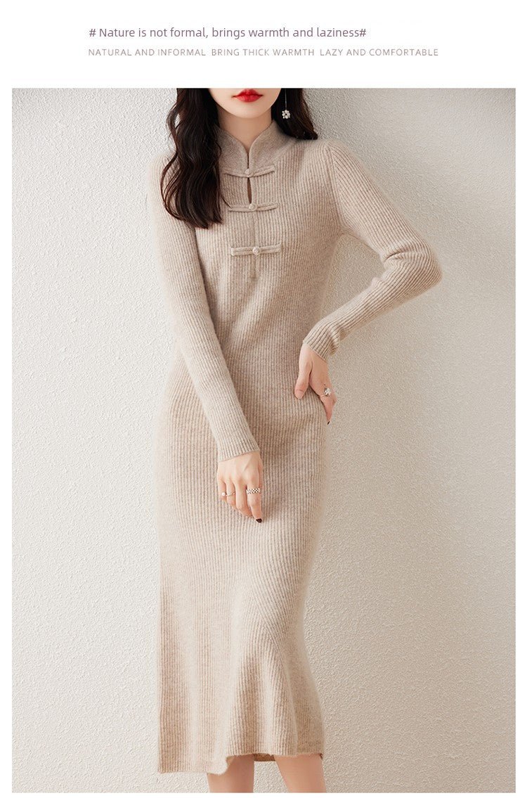 Chinese Style Stand - up Collar Frog Button Pure Wool Knit Dress Women's Fall and Winter Strip Silm Slimming Long Mermaid Dress Cheongsam - PratSN