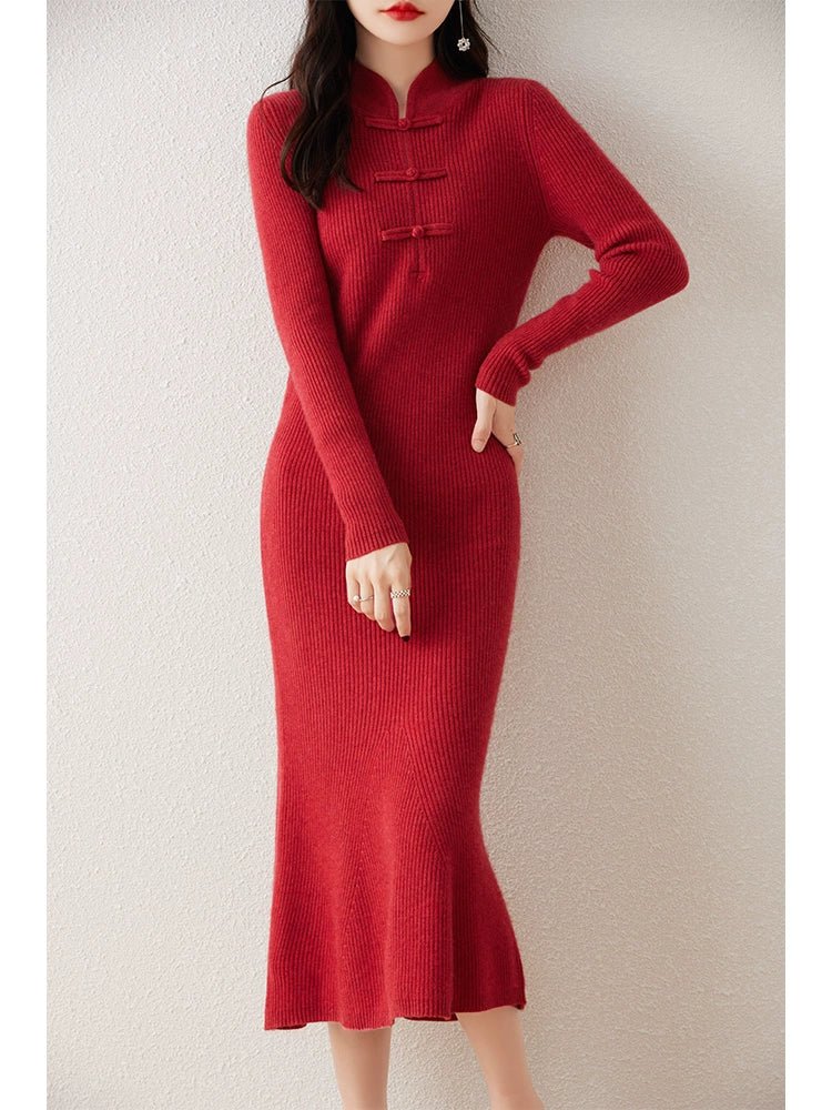 Chinese Style Stand - up Collar Frog Button Pure Wool Knit Dress Women's Fall and Winter Strip Silm Slimming Long Mermaid Dress Cheongsam - PratSN