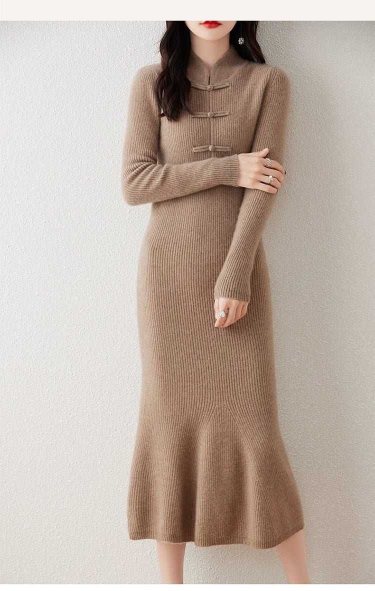 Chinese Style Stand - up Collar Frog Button Pure Wool Knit Dress Women's Fall and Winter Strip Silm Slimming Long Mermaid Dress Cheongsam - PratSN